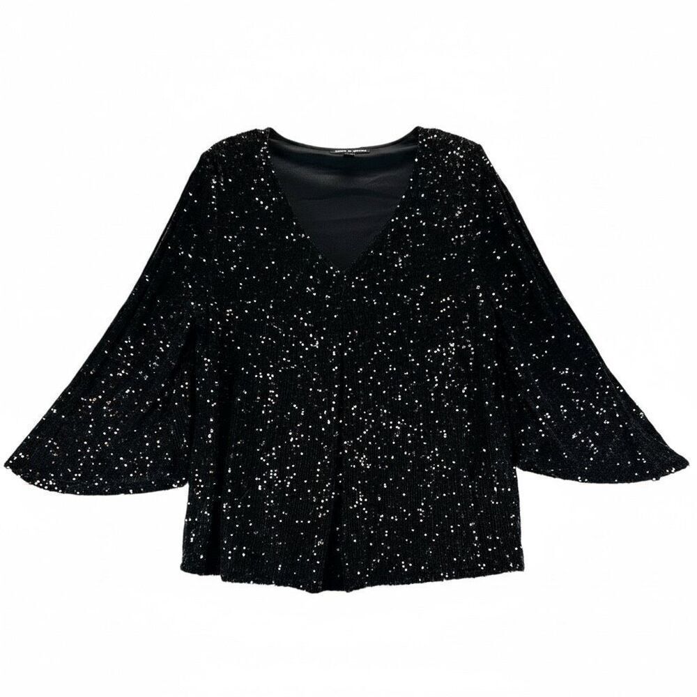 Cable & Gauge black sequin party top XL V-Neck Romantic Evening Event NYE Blouse